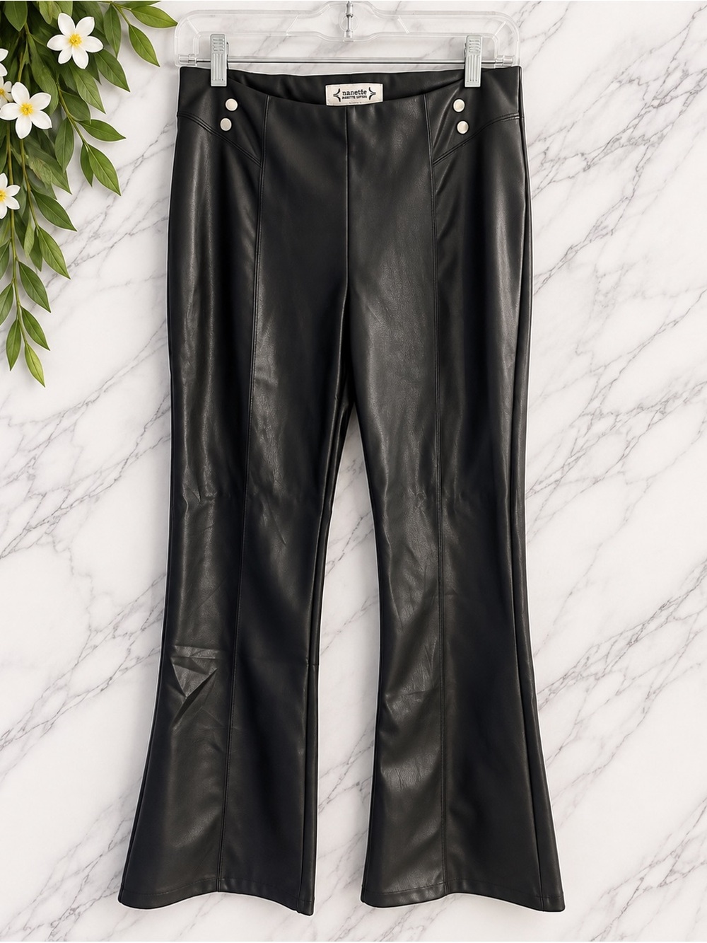 Nanette Lepore Black Faux Leather Flare Pants Size S High Rise Y2K